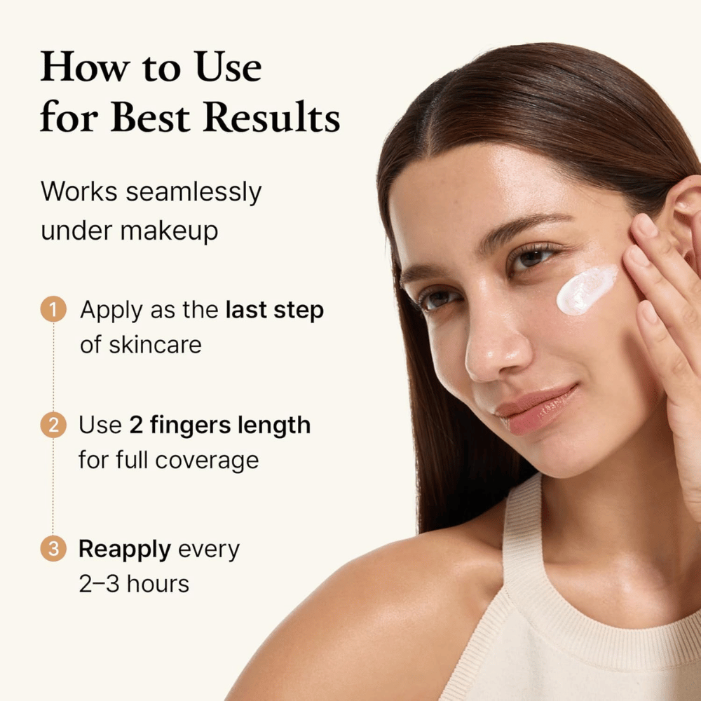 Usage guide where a model applies the sunscreen to the skin. The image explains how the product is used for best results and highlights that it works well under makeup and should be reapplied during the day for optimal protection.