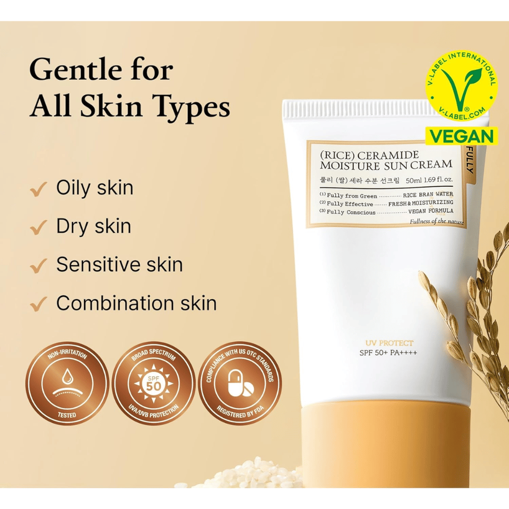 Informational image showing that the sunscreen is suitable for all skin types, including oily, dry, sensitive, and combination skin. The image also highlights a vegan formula, broad-spectrum UV protection, and a gentle formulation.