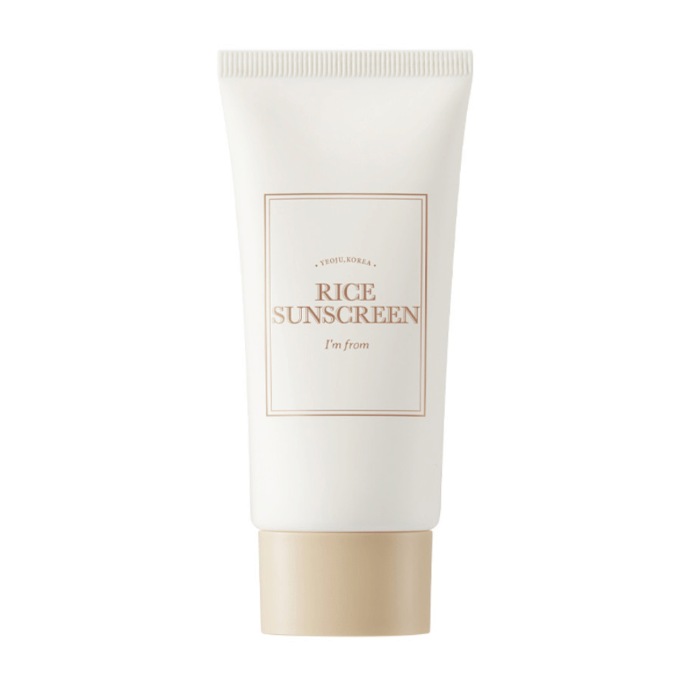 Tube with "I'm from" Rice Sunscreen SPF50+ PA++++, sunscreen with rice extract.