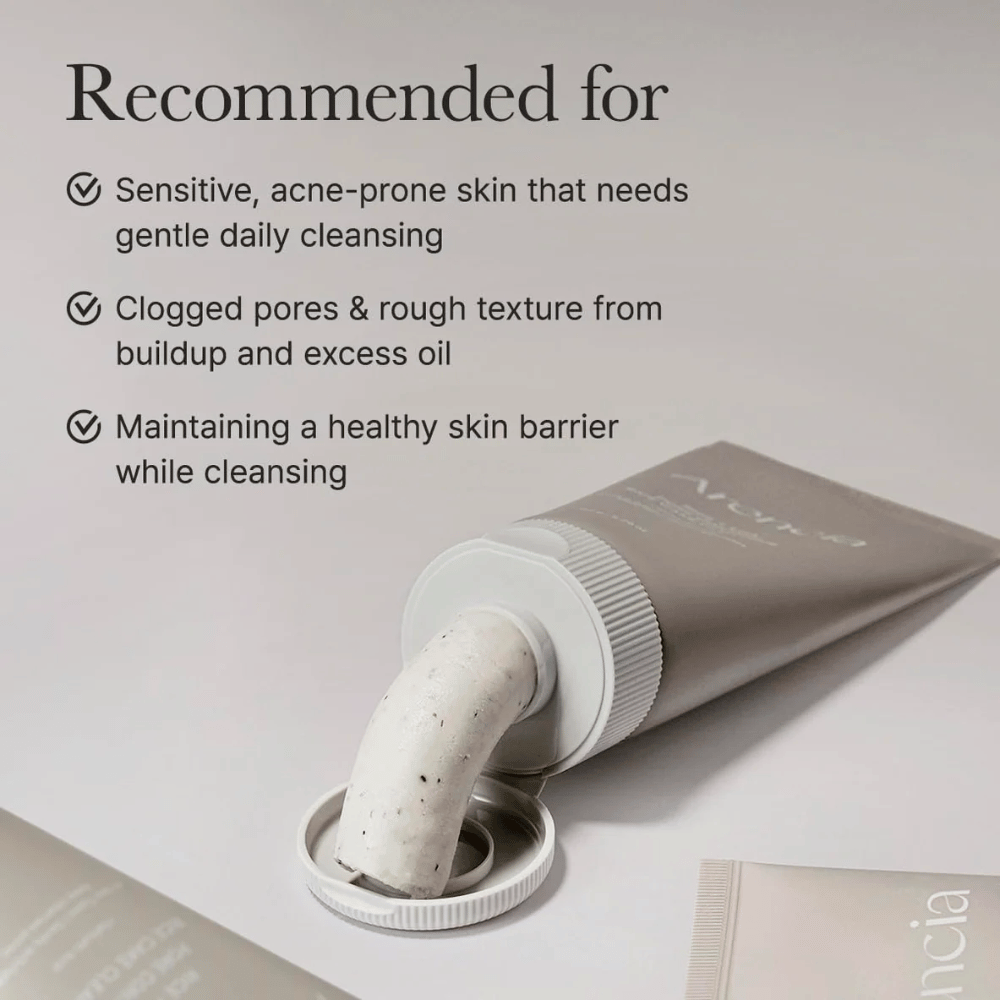 Arencia Rice + LHA Pore Control Rice Cake Cleanser in tube with product squeezed out, showing creamy consistency suitable for sensitive and acne-prone skin.