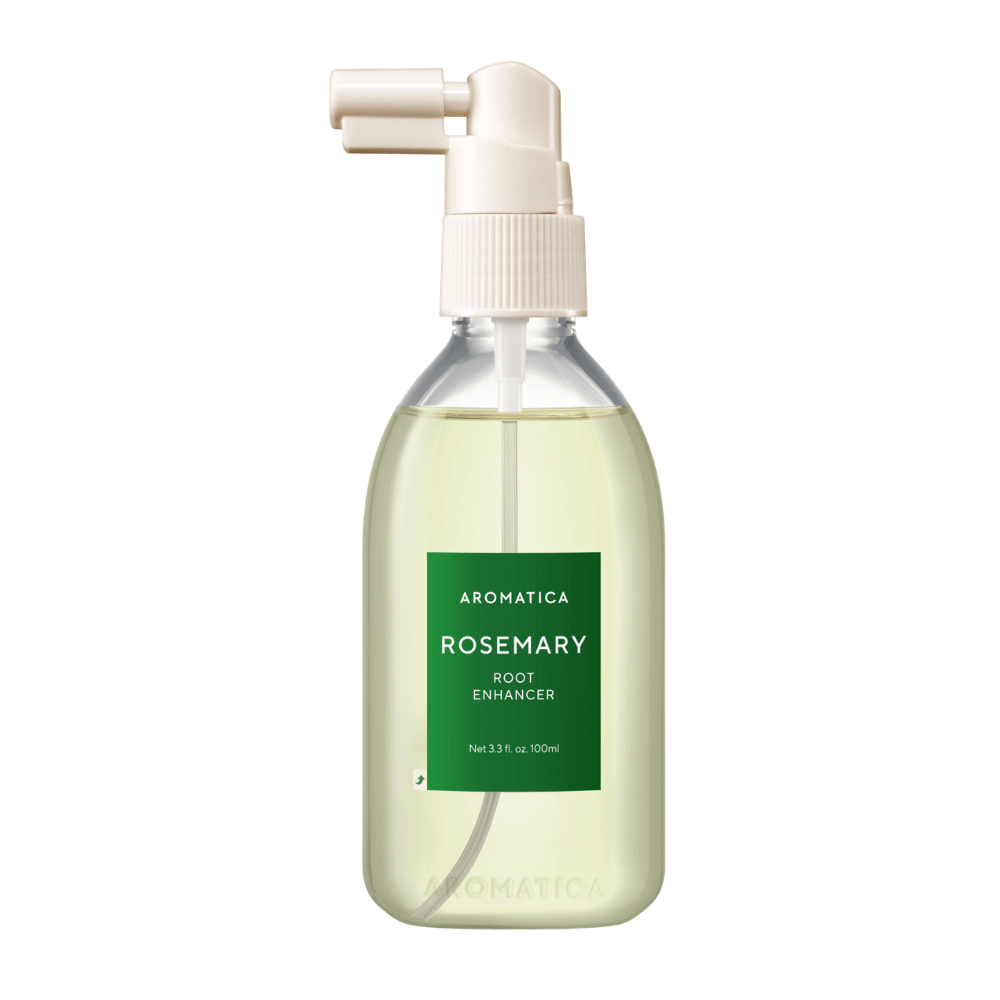 AROMATICA Rosemary Root Enhancer in a transparent bottle with a green label and a practical applicator nozzle. Isolated product image that clearly shows the packaging design and contents.