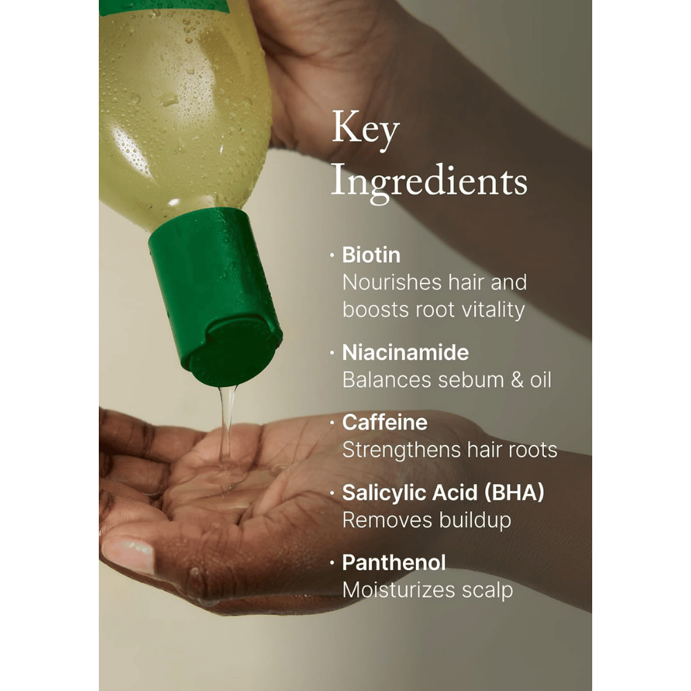 AROMATICA Rosemary Scalp Scaling Shampoo with biotin, niacinamide, caffeine, salicylic acid, and panthenol that cleanse the scalp and strengthen the hair roots.