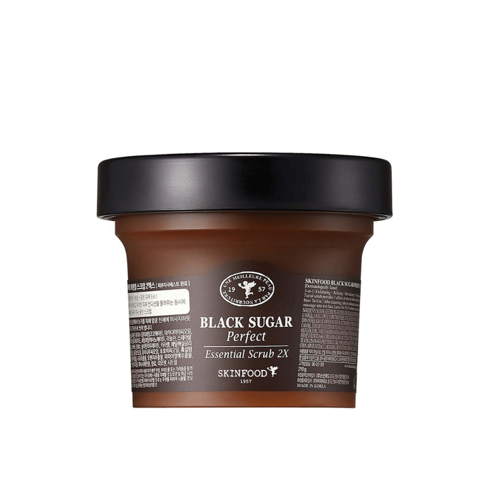 A jar SKINFOOD Black Sugar Perfect Essential Scrub 2X 210g on white background.