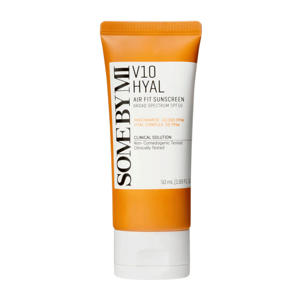 SOME BY MI V10 Hyal Air Fit Sunscreen SPF50 provides broad-spectrum UV protection. Contains 10,000 PPM niacinamide and 20 PPM hyaluronic acid complex that hydrates and brightens the skin. Clinically tested and non-comedogenic, making it ideal for daily use.