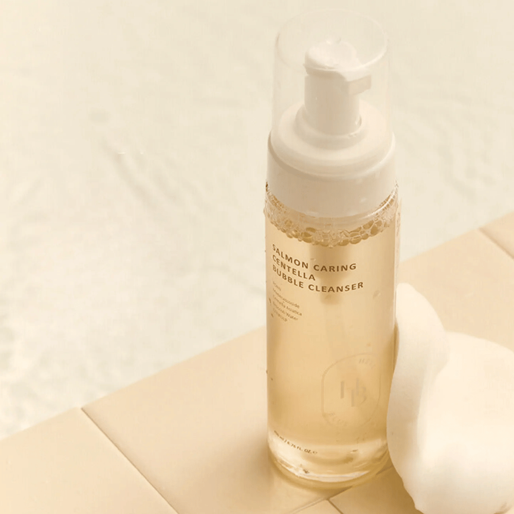 Heveblue Salmon Caring Centella Bubble Cleanser – Korean face wash with Centella Asiatica and PDRN from salmon that helps to gently cleanse the skin and provide a soft cleansing foam.