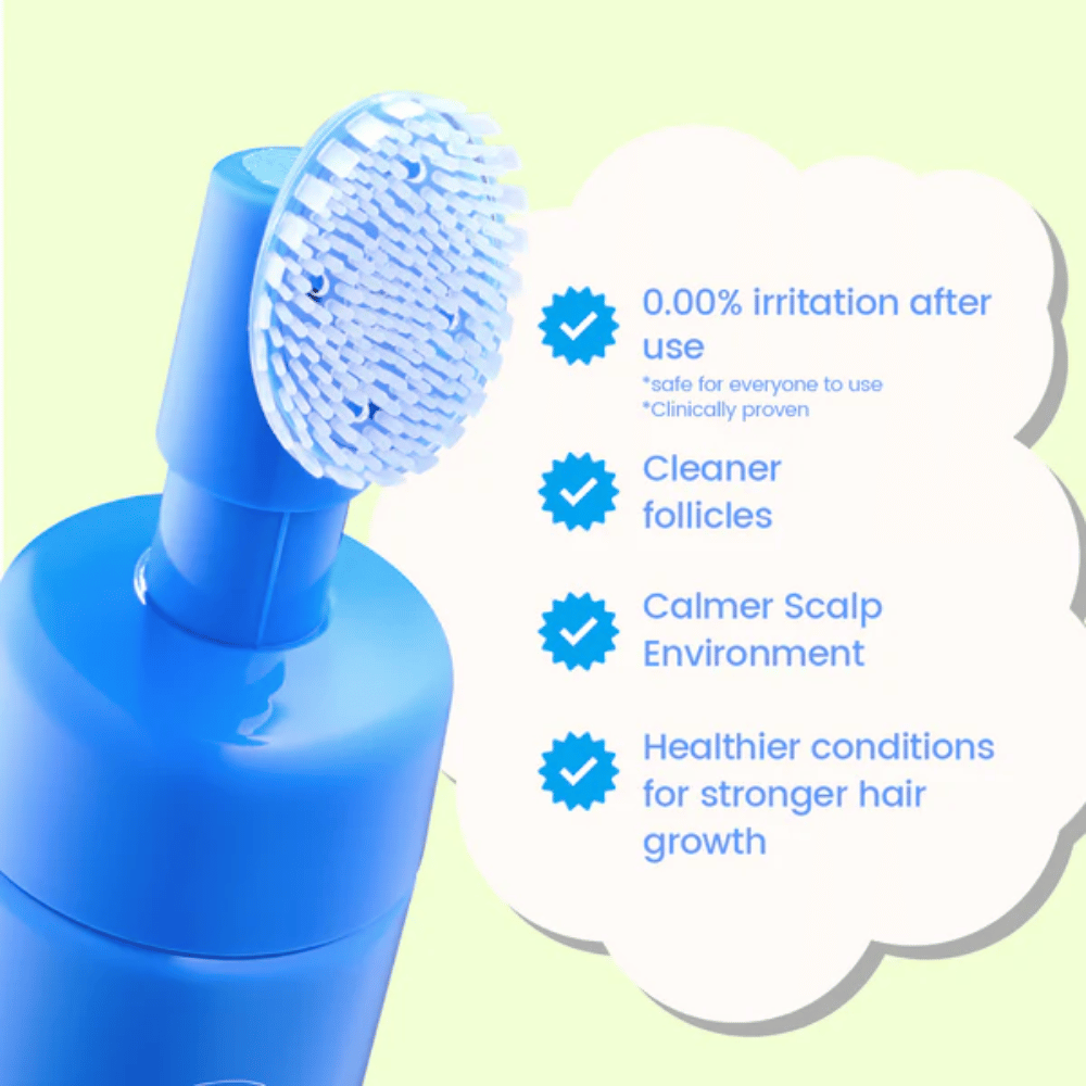 Close-up image of the silicone brush and the product's properties, focusing on gentle use, cleaner hair follicles, a calmer scalp, and better conditions for hair growth.