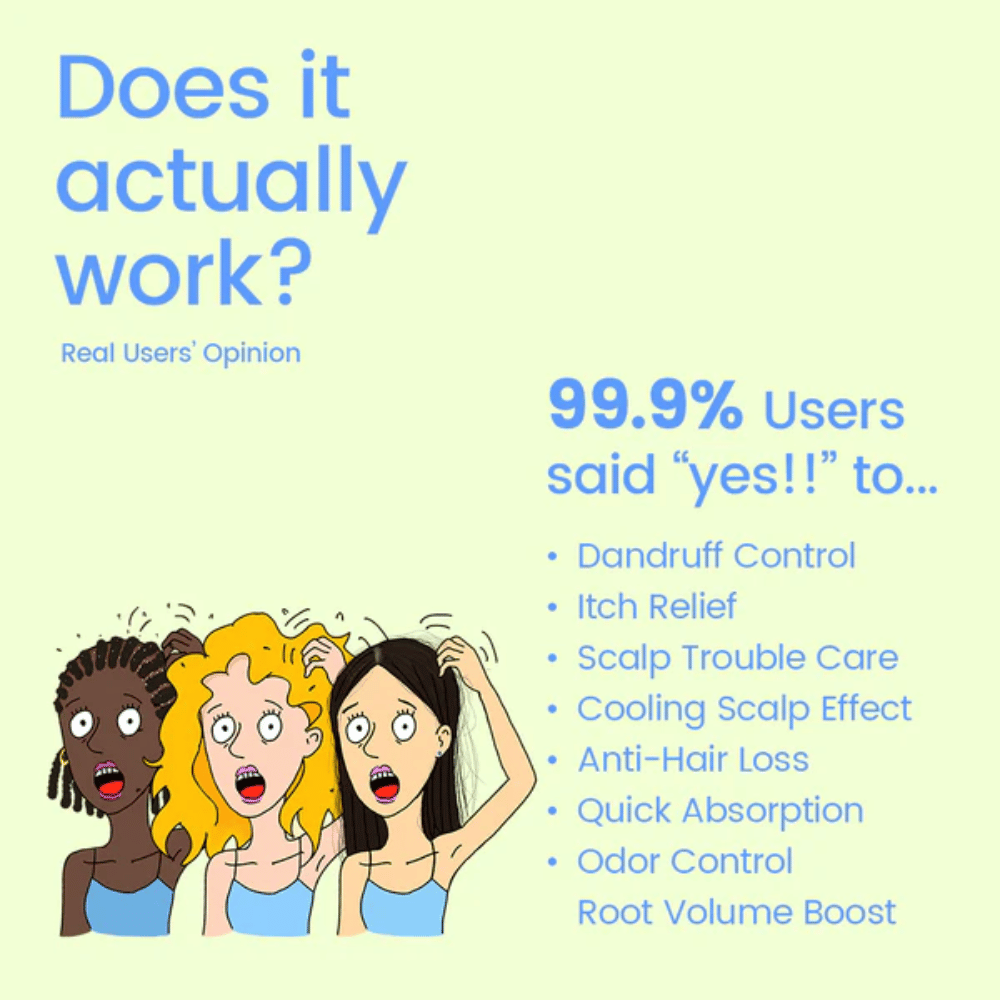 Informational image with customer experiences and benefits highlighting dandruff control, relief for an itchy scalp, a cooling effect, quick absorption, and support for fuller hair.