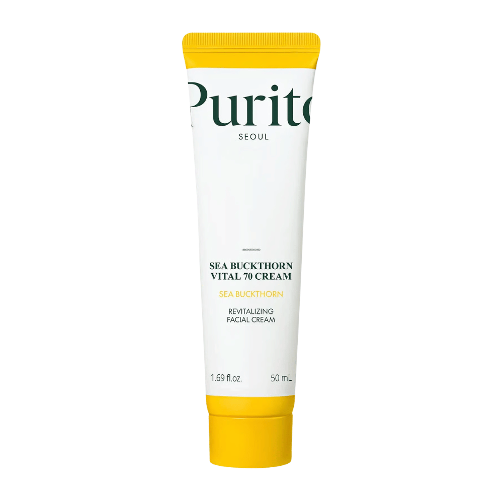 2. Purito SEOUL Sea Buckthorn Vital 70 Cream 50 ml – moisturizing face cream with 70% sea buckthorn extract in a white tube with a yellow cap against a white background