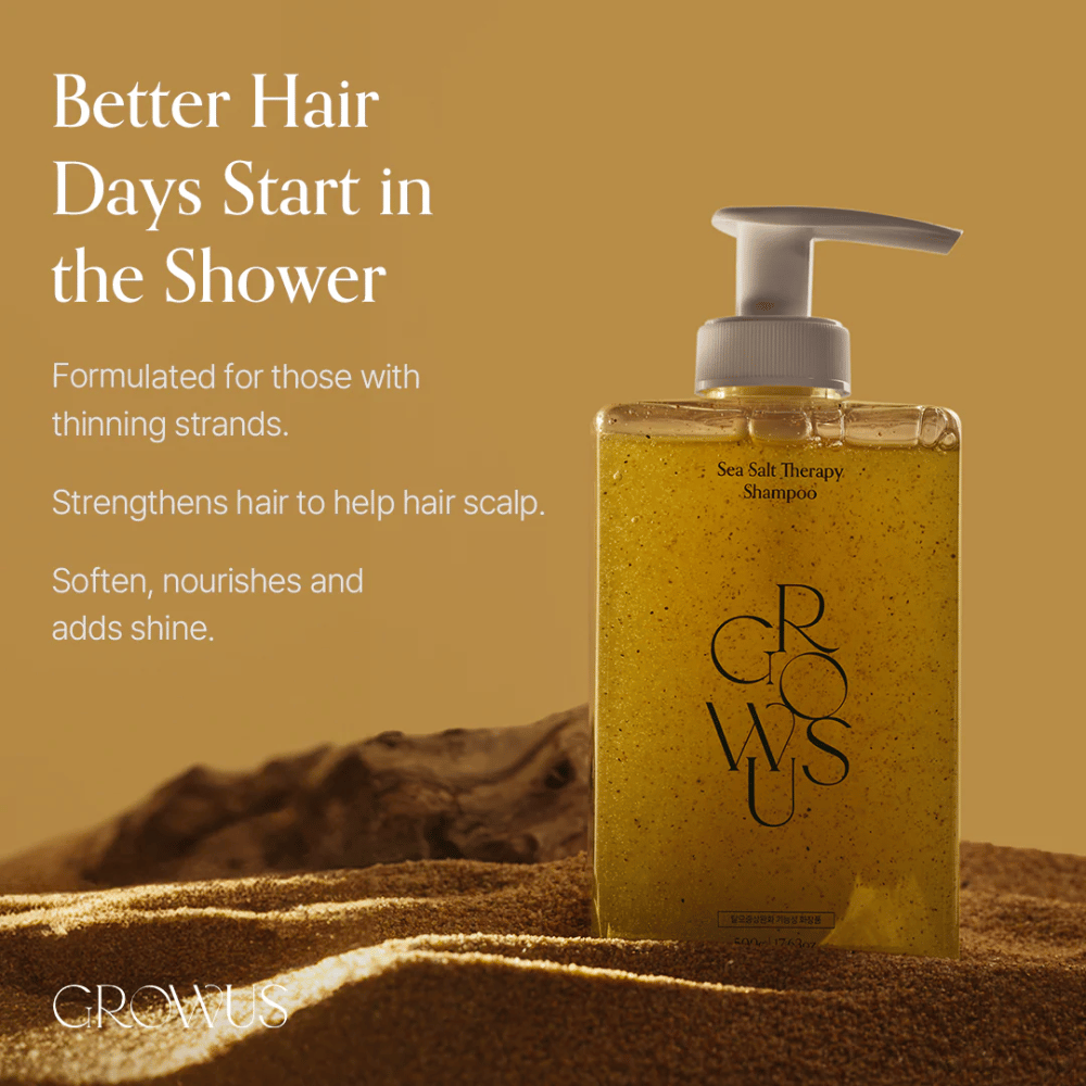 GROWUS Sea Salt Therapy Shampoo that strengthens thin hair, adds shine, and cares for the scalp with sea salt
