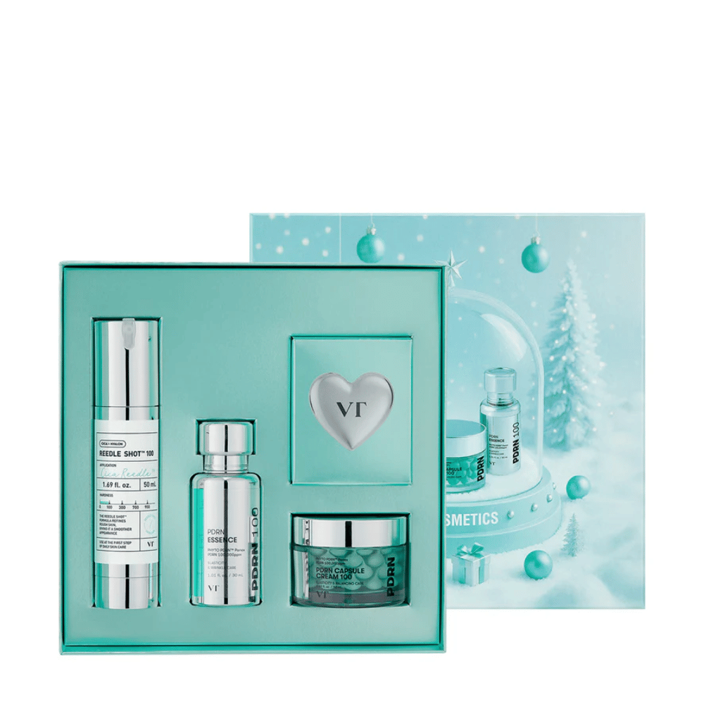 VT Cosmetics Shining Holiday Set – elegant gift box with Reedle Shot 100, PDRN Essence, PDRN Capsule Cream and keychain.