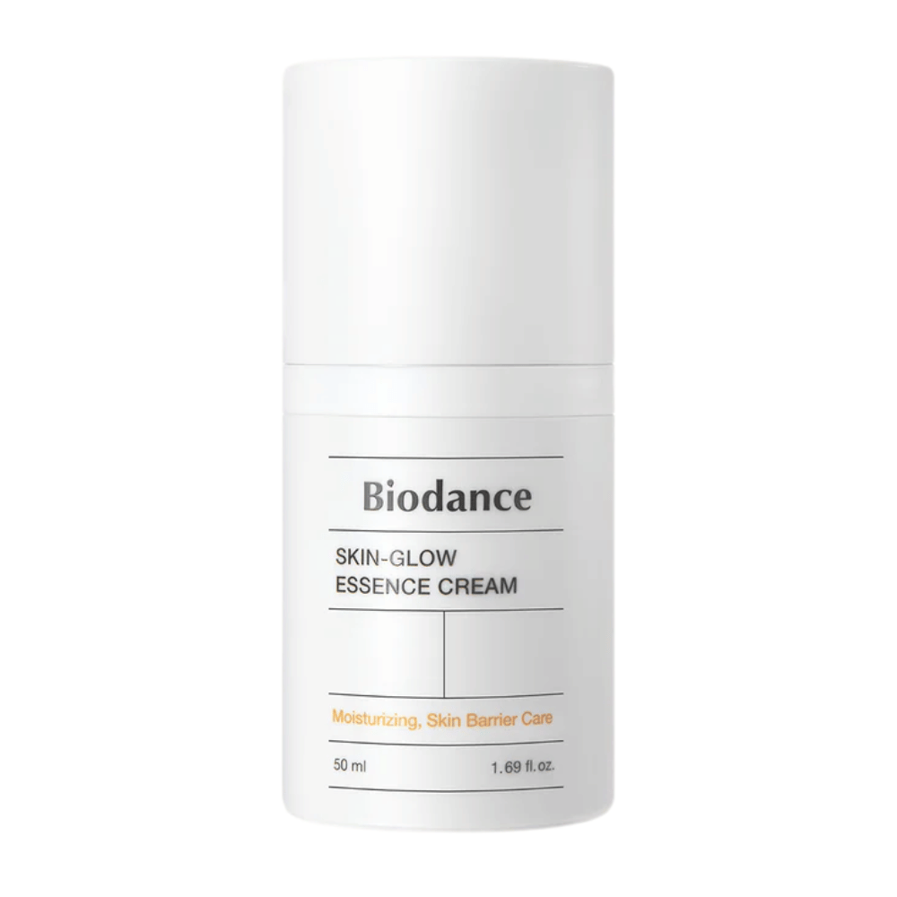 Product image of Biodance Skin-Glow Essence Cream in a white pump bottle with a minimalist design. The text on the packaging shows that the cream provides hydration and strengthens the skin barrier. Volume: 50 ml.