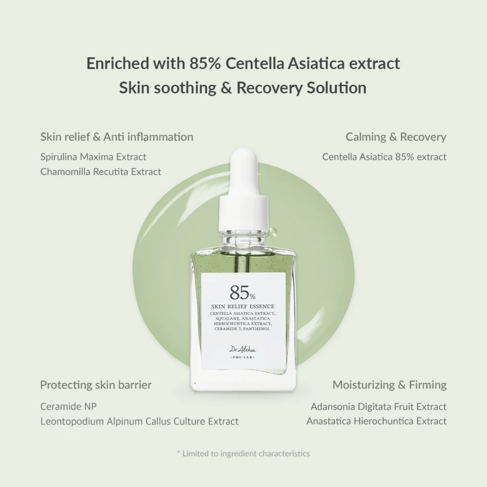 Dr. Althea Skin Relief Essence is enriched with 85% Centella Asiatica extract and offers soothing and repairing care. Contains anti-inflammatory ingredients like spirulina and chamomile, ceramides to strengthen the skin barrier, and moisturizing extracts from baobab and anastatica. Perfect for sensitive, red, and stressed skin.
