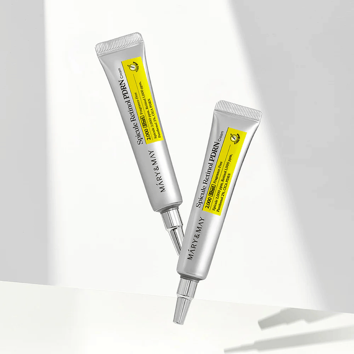 Two tubes of MARY & MAY Spicule Retinol PDRN Cream on a light background, an intensive night cream with spicule and retinol for skin renewal and improved skin texture.