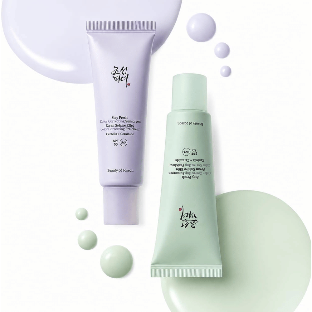 3. Beauty of Joseon Stay Fresh Color Correcting Sunscreen SPF 50 – green and purple sunscreen with color swatches