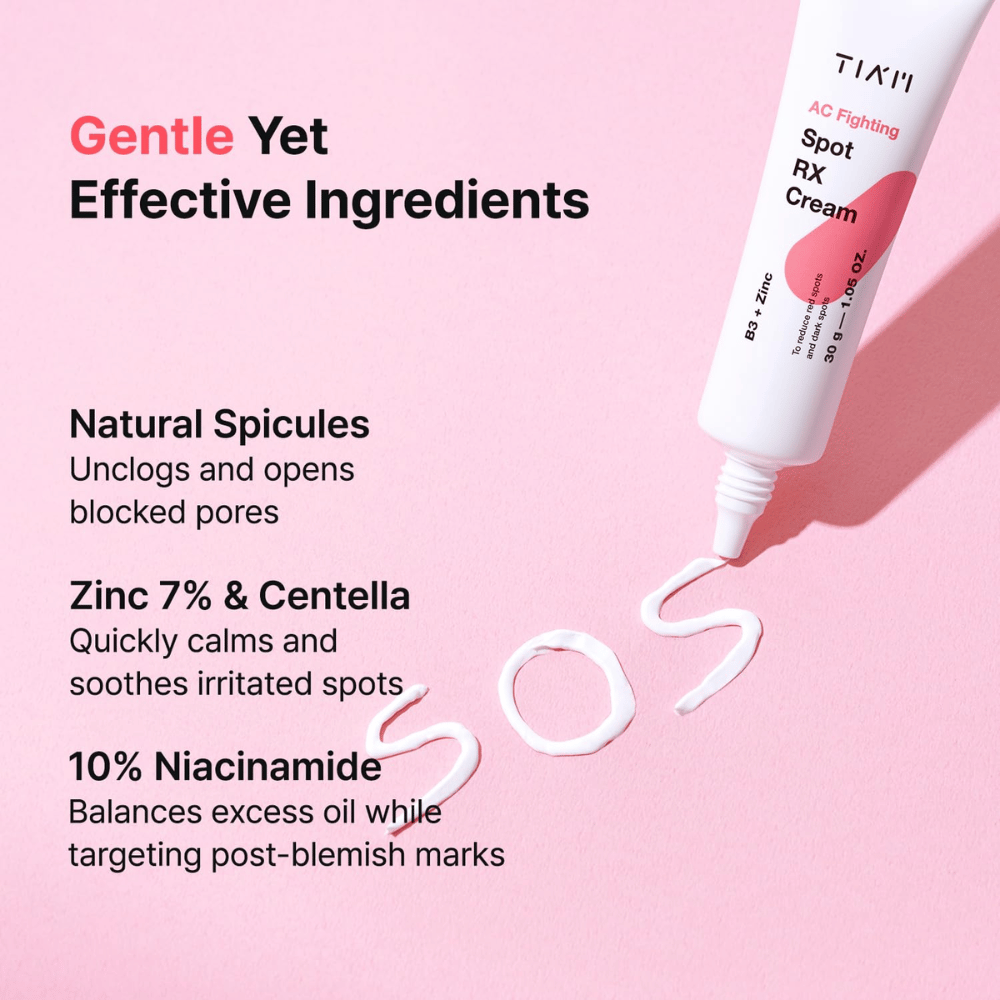 TIA'M AC Fighting Spot RX Cream with zinc, niacinamide, and centella – soothes, balances sebum, and reduces red spots.