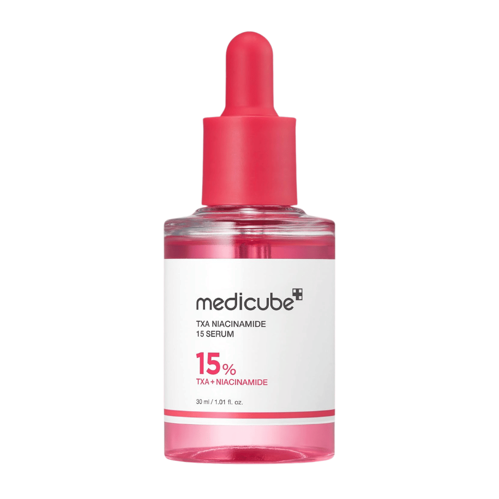 4. Medicube TXA Niacinamide 15 Serum 30 ml – pink serum bottle with pipette against a white background