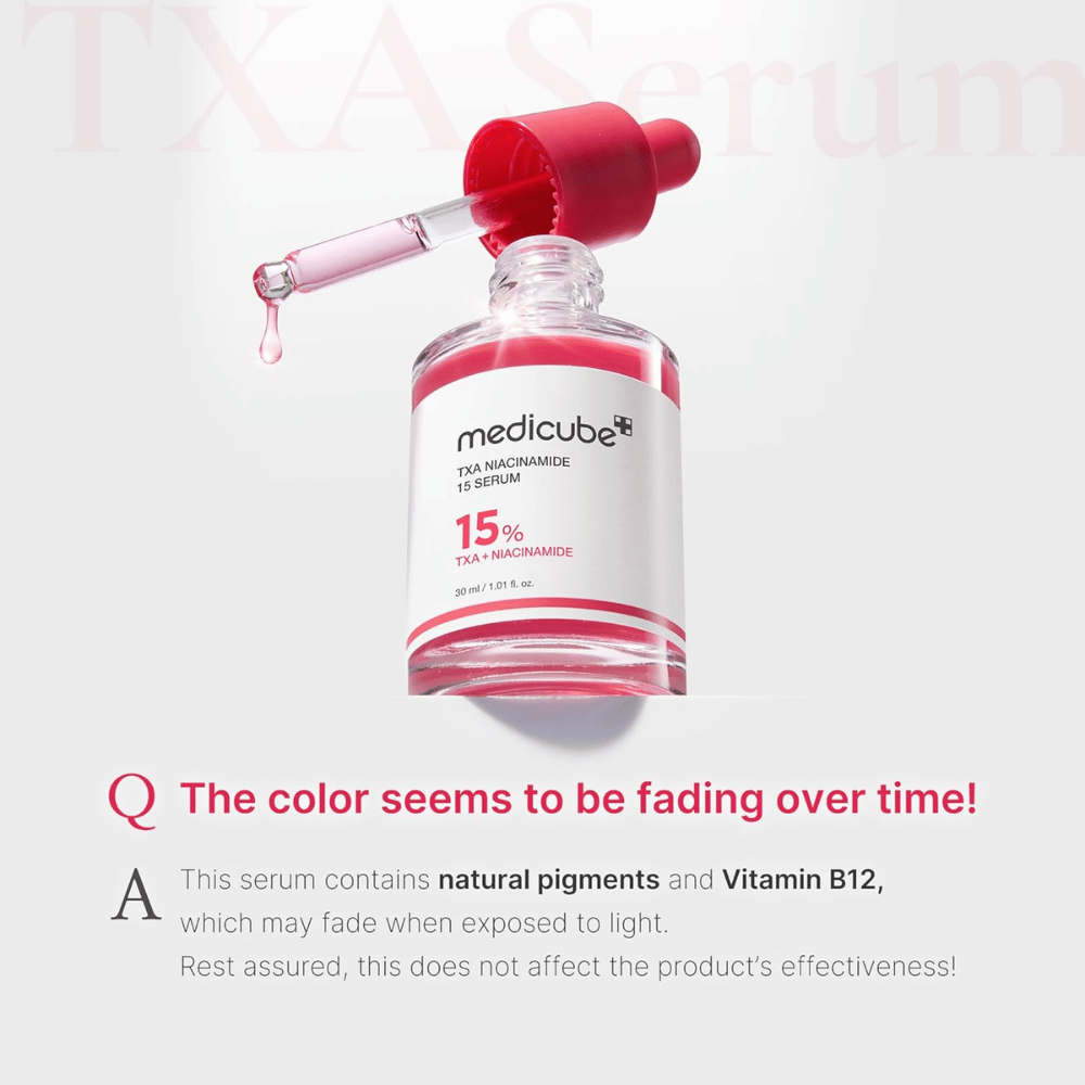 1. Medicube TXA Niacinamide 15 Serum 30 ml – serum with tranexamic acid and niacinamide where the color may fade due to light exposure
