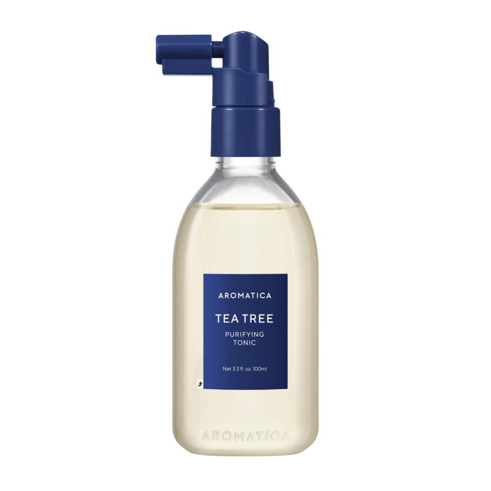 1. AROMATICA Tea Tree Purifying Tonic 100 ml – product image of scalp tonic with spray nozzle