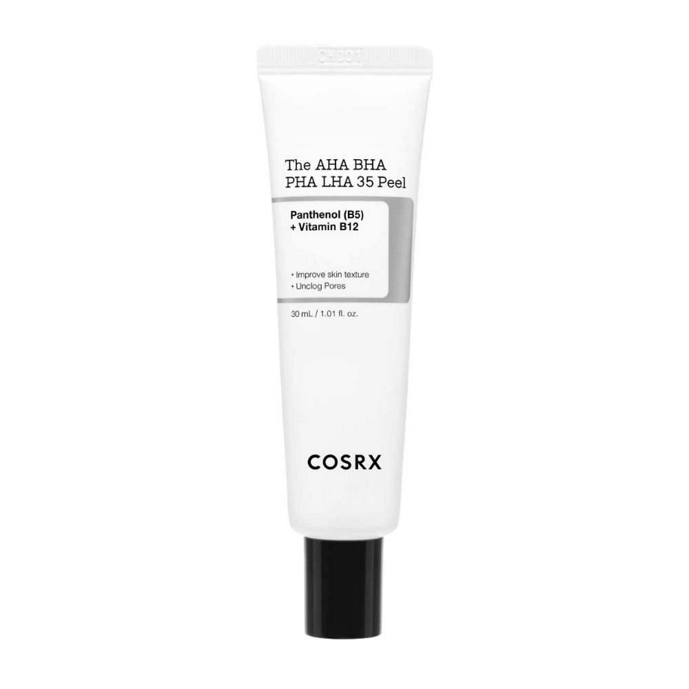 COSRX AHA BHA PHA LHA 35 Peel, an exfoliating product with panthenol (B5) and vitamin B12. Improves skin texture and clears clogged pores. Content: 30 ml.