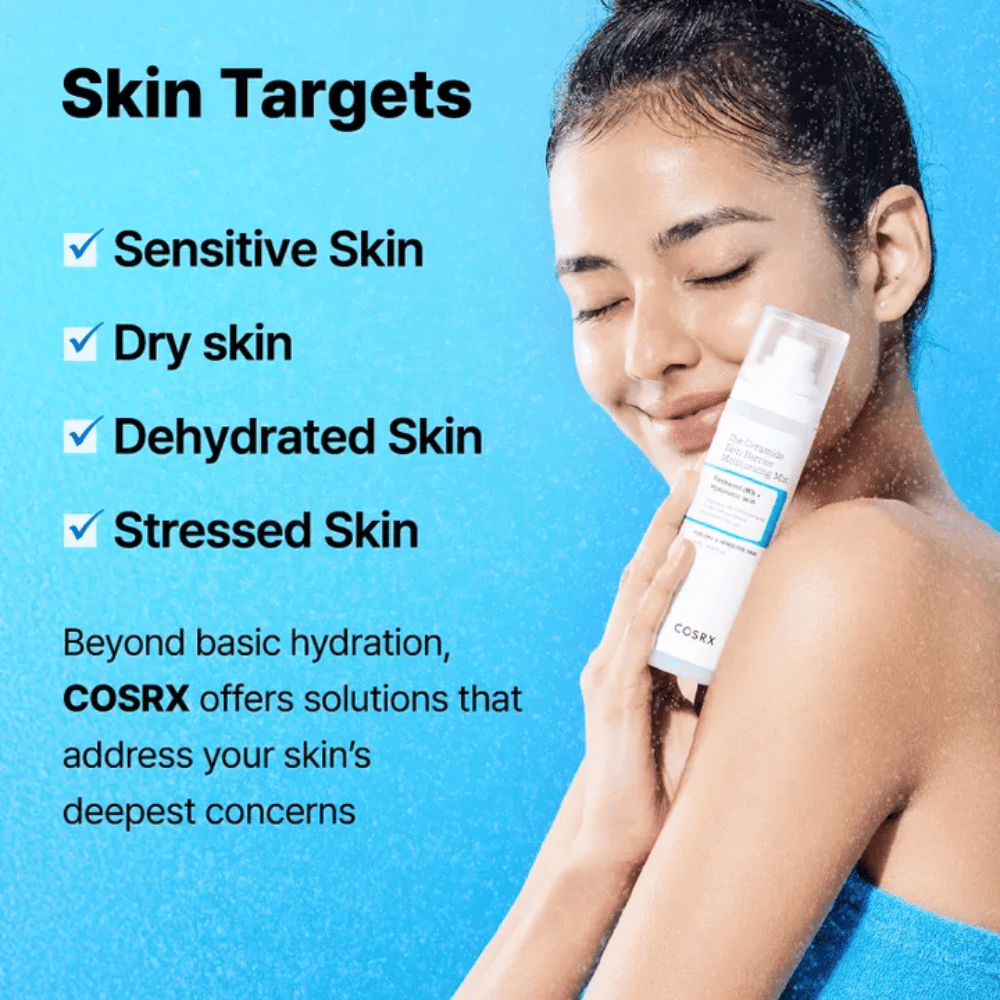 Woman holding COSRX Ceramide Skin Barrier Mist – perfect for sensitive, dry, and stressed skin that needs extra moisture.