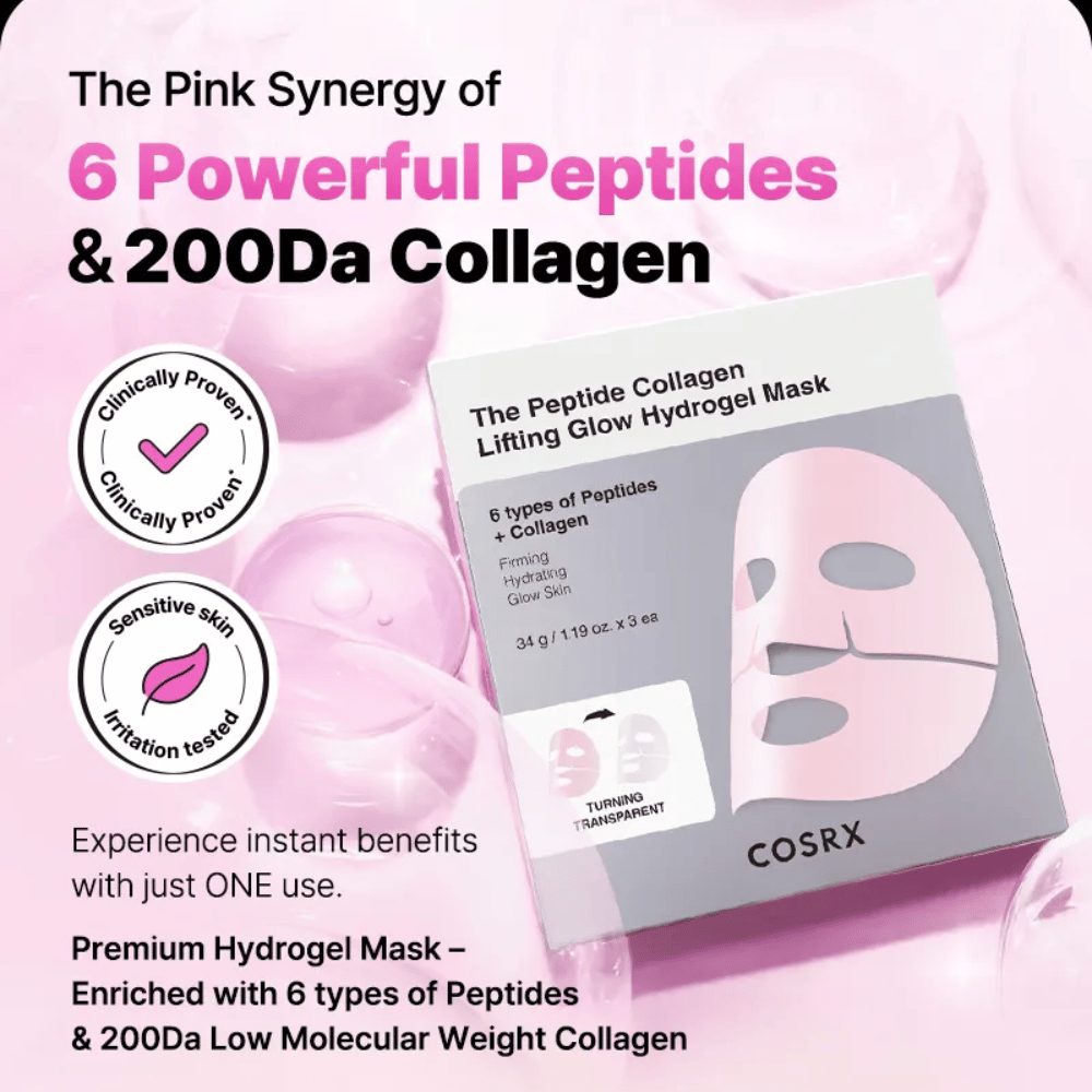 COSRX Peptide Collagen Mask – enriched with 6 types of peptides and collagen, clinically tested for sensitive skin.