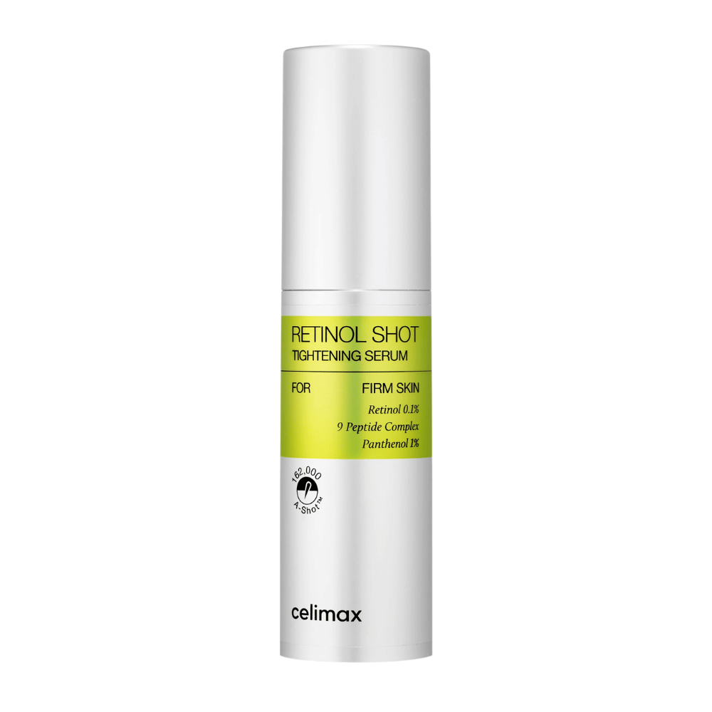 Celimax The Vita-A Retinol Shot Tightening Serum in a silver-colored pump bottle with a lime green label and black text.