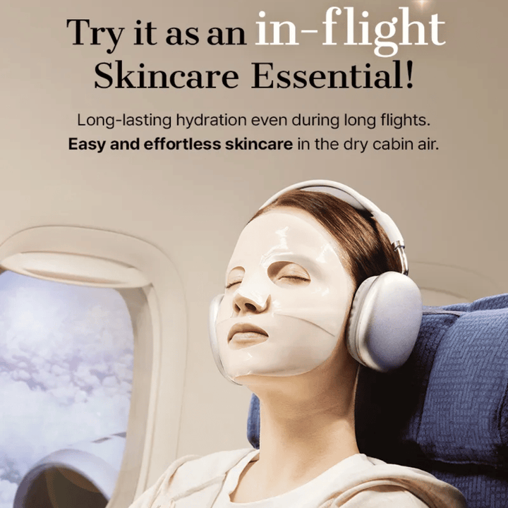 COSRX Alpha-Arbutin Discoloration Care Hydrogel Mask during flight – moisturizing Sheet mask that combats dry skin and provides an even skin tone even in dry cabin air.