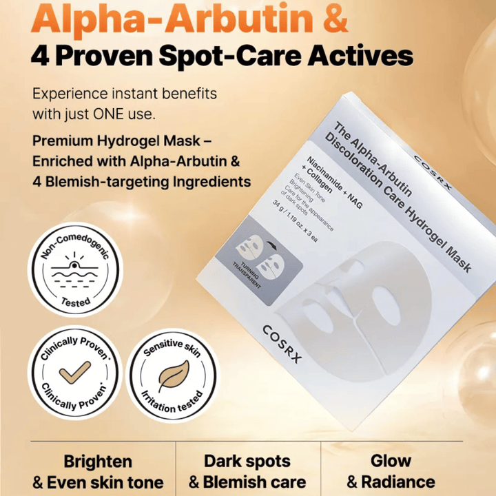 COSRX Alpha-Arbutin Discoloration Care Hydrogel Mask product image – Korean Sheet mask for pigmentation, glow, and intense hydration.