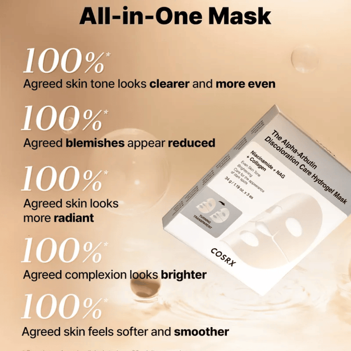 COSRX Alpha-Arbutin Discoloration Care Hydrogel Mask with packaging – all-in-one Sheet mask for radiance, even skin tone, and reduced discoloration.