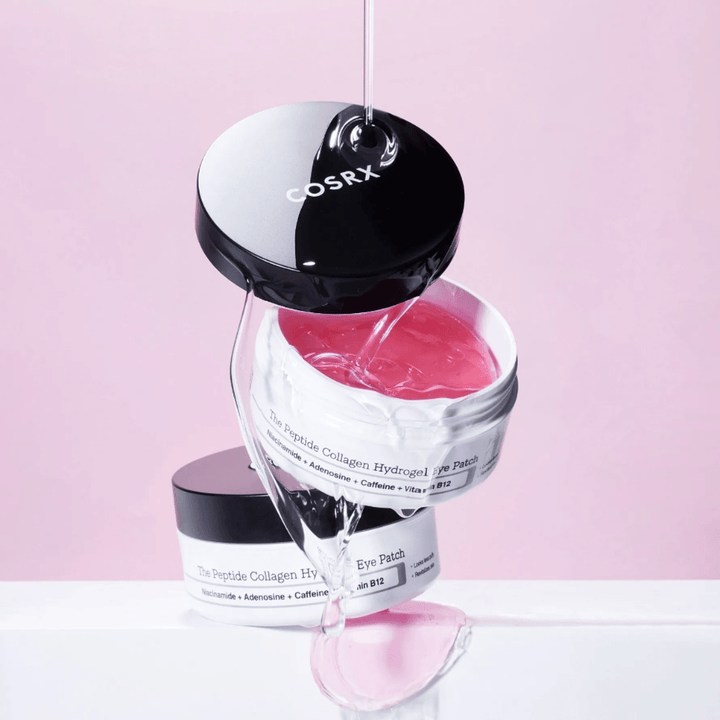 COSRX Peptide Collagen Hydrogel Eye Patch – pink gel formula rich in niacinamide, adenosine, caffeine, and vitamin B12.