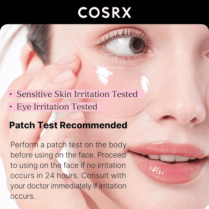 COSRX Peptide Collagen Hydrogel Eye Patch – tested for sensitive skin and eye irritation, safe for daily use.