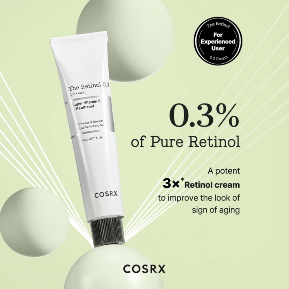 COSRX The Retinol 0.3 Cream contains 0.3% pure retinol to effectively improve skin firmness and smooth out fine lines. Enriched with super vitamin E and panthenol, it provides moisture and nourishment to the skin. Ideal for experienced users, this is a powerful cream that combats signs of aging and gives a youthful glow.