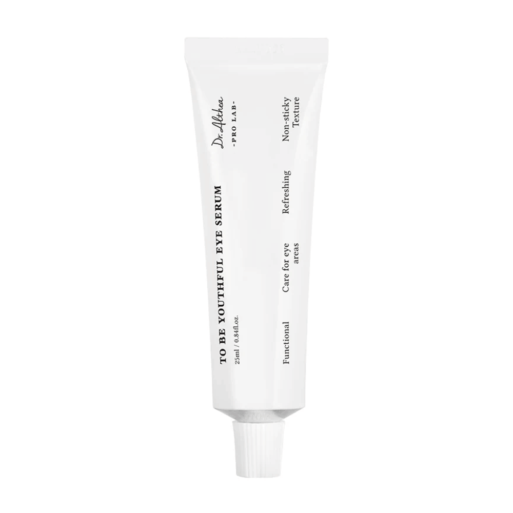 Image of Dr. Althea's "To Be Youthful Eye Serum" in a white tube. The product is intended to care for the eye area with a non-sticky and refreshing texture. It contains ingredients that reduce and prevent wrinkles and fine lines around the eyes.