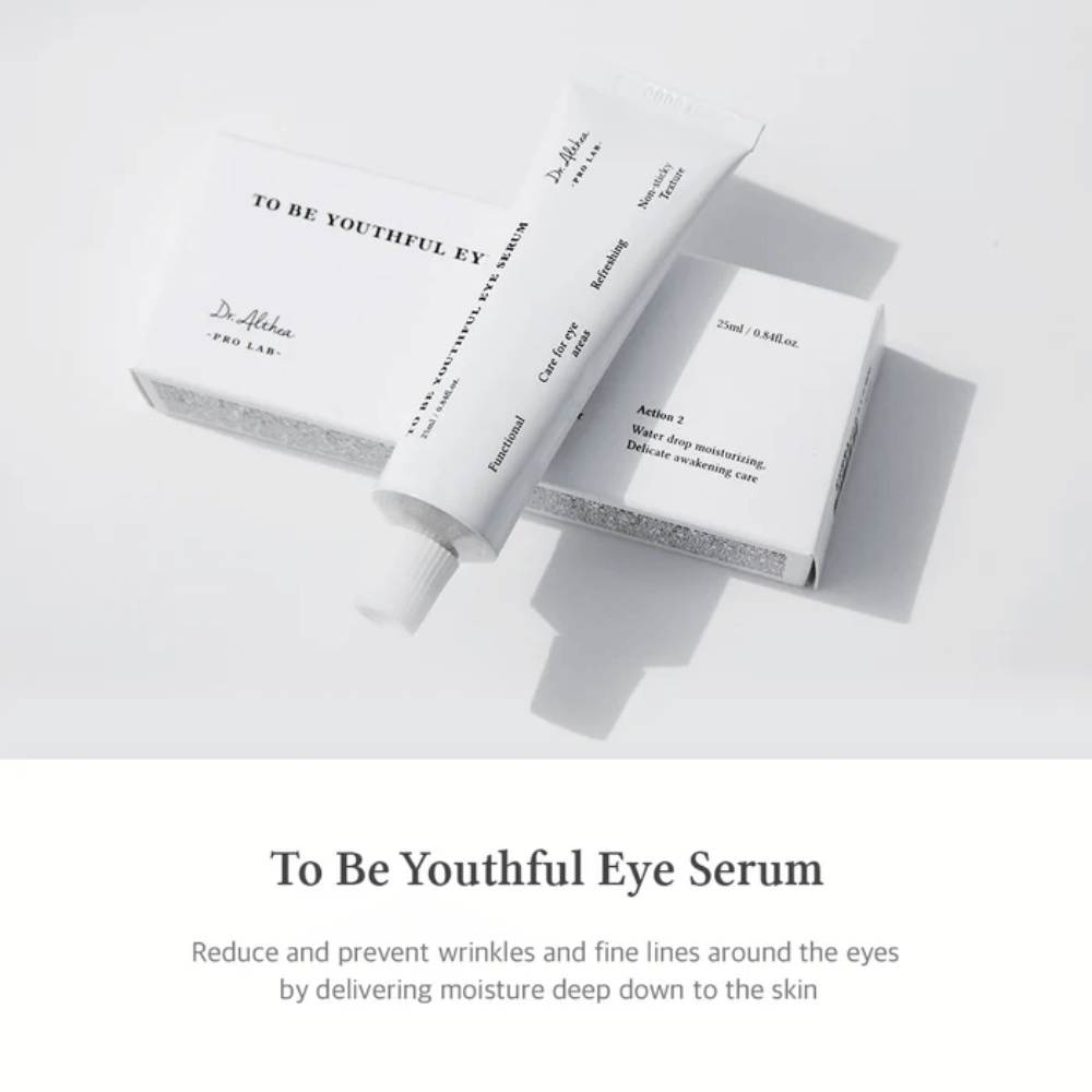 Image of Dr. Althea's "To Be Youthful Eye Serum" with a white tube and packaging. The product is meant to reduce and prevent wrinkles and fine lines around the eyes by delivering moisture deep into the skin. The text describes the product's features and benefits, including moisturizing and refreshing properties.