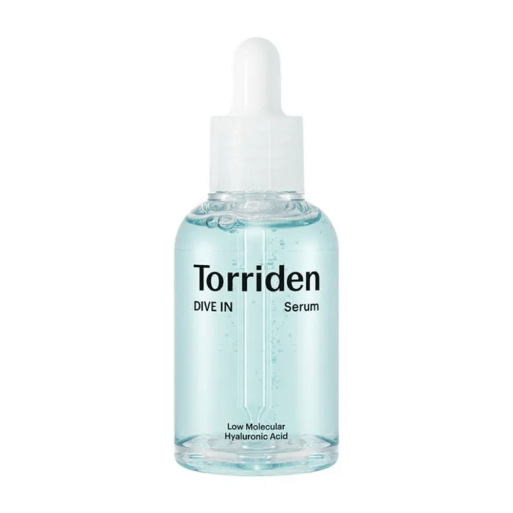 A bottle of Torriden DIVE-IN Low Molecule Hyaluronic Acid Serum 50ml for hydration, on a white background.
