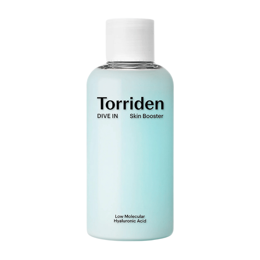 A bottle of skincare product labeled "Torriden DIVE IN Skin Booster" with low molecular hyaluronic acid.