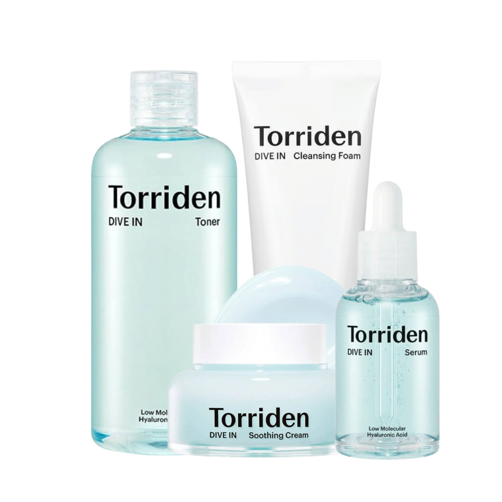 A collection of Torriden beauty products in turquoise color, including toner, cleansing foam, soothing cream, and serum with hyaluronic acid.