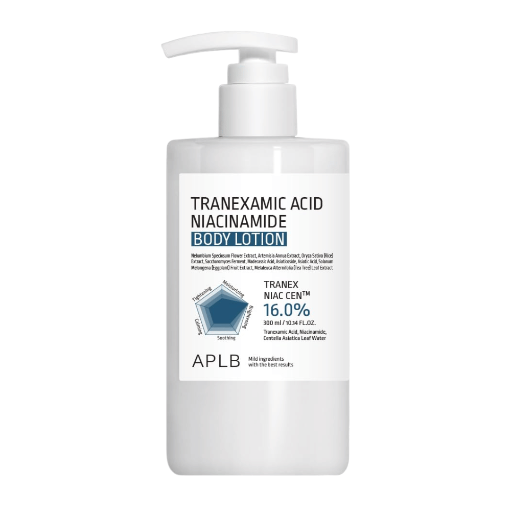 Clean product image of APLB Tranexamic Acid Niacinamide Body Lotion in a minimalist white pump bottle, with a focus on moisturizing and soothing body care for dry and sensitive skin.