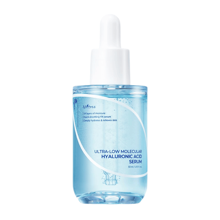 Isntree Ultra-Low Molecular Hyaluronic Acid Serum 50 ml, lightweight absorbing facial serum with ultra-low molecular hyaluronic acid for intensive and deep hydration.