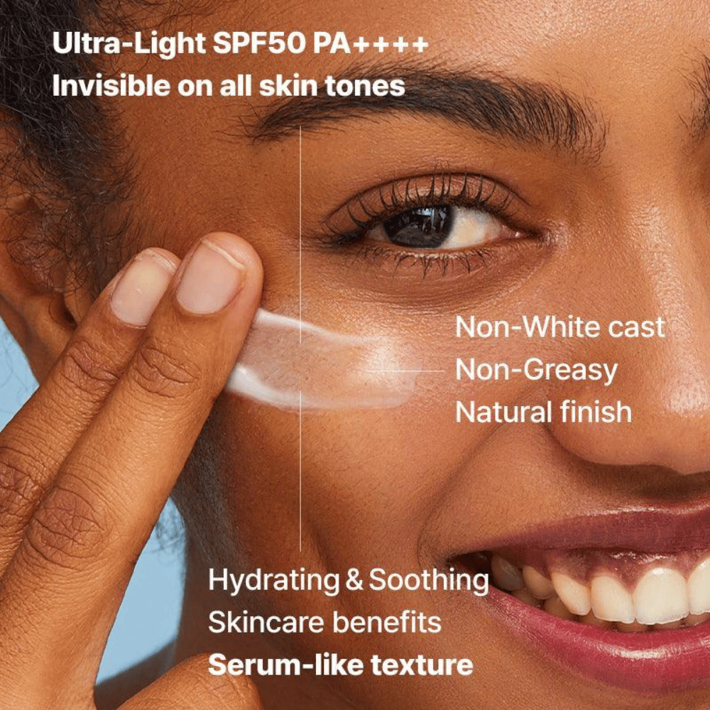 Close-up of a woman applying a transparent sunscreen with her fingers; text highlights SPF50 PA++++, no white cast, natural finish, and serum-like moisturizing texture.
