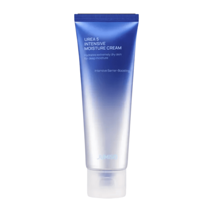 Cutout product image of Jumiso Urea 5 Intensive Moisture Cream against a white background. The blue tube with a minimalist design highlights the product’s focus on intensive moisturization and skin barrier-strengthening care for very dry skin.