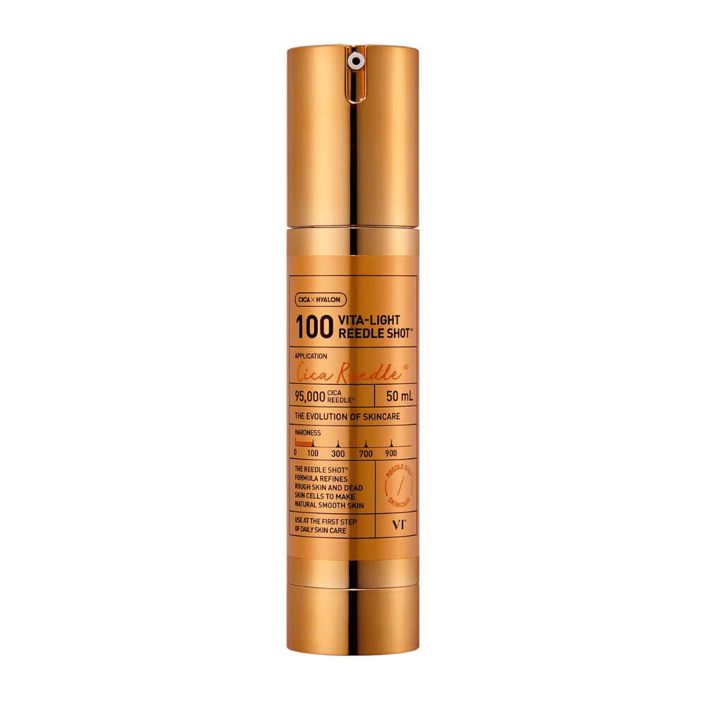 Golden bottle VT Cica Hyalon Vita-Light Reedle Shot 100hL, 50 ml, with pump and printed text on the front about the product's ingredients and usage.