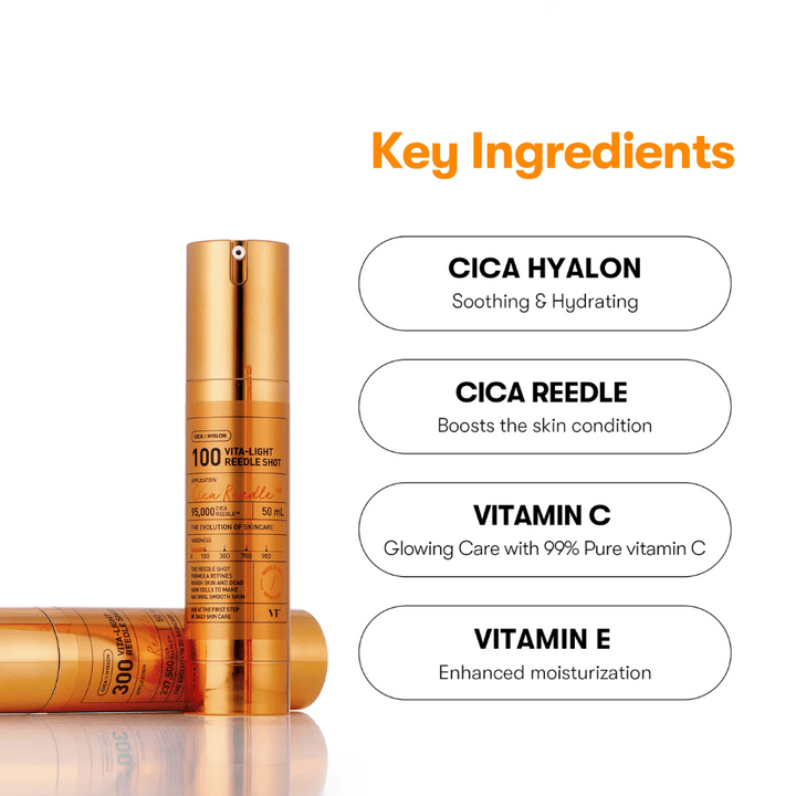 Gyllene flaska VT Cica Hyalon Vita-Light Reedle Shot 100hL, 50 ml, med pump, stående bredvid liggande flaska. Till höger listas nyckelingredienser: Cica Hyalon, Cica Reedle, Vitamin C och Vitamin E.