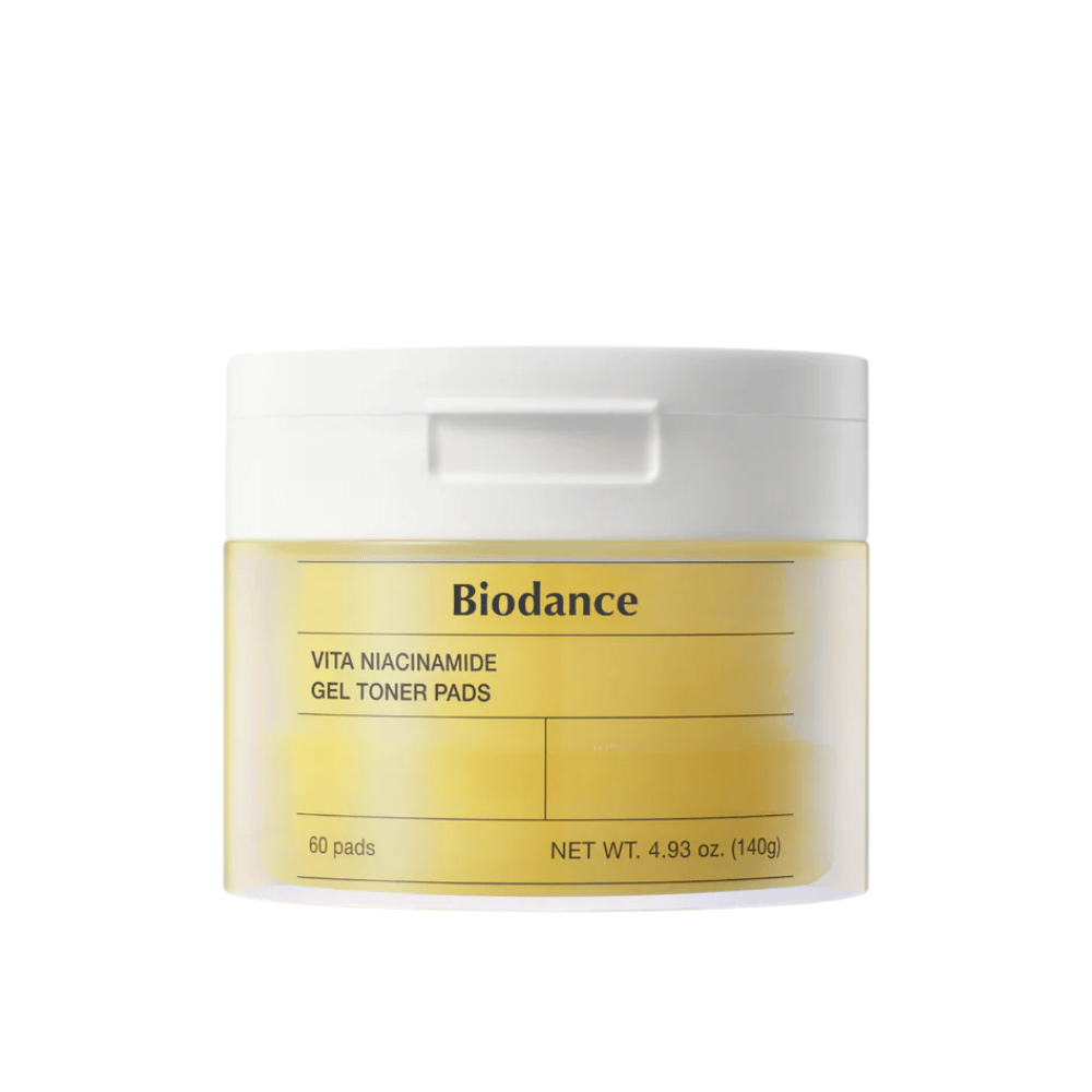 Biodance Vita Niacinamide Gel Toner Pads – packaging with 60 pads in a yellow jar with a white lid, designed for evening skin tone and radiance.