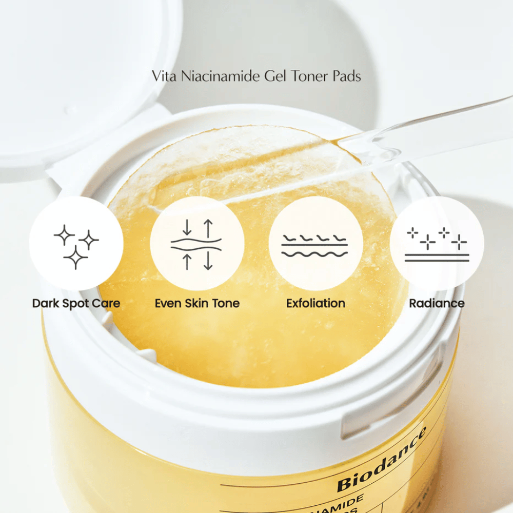 Biodance Vita Niacinamide Gel Toner Pads – exfoliating pads for more even skin tone, radiance, and treatment of dark spots, displayed in an open jar with tweezers.