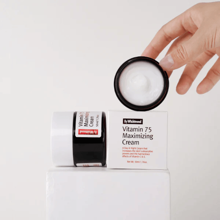 By Wishtrend Vitamin 75 Maximizing Cream with jar and packaging showing a moisturizing face cream for brighter and more even skin.