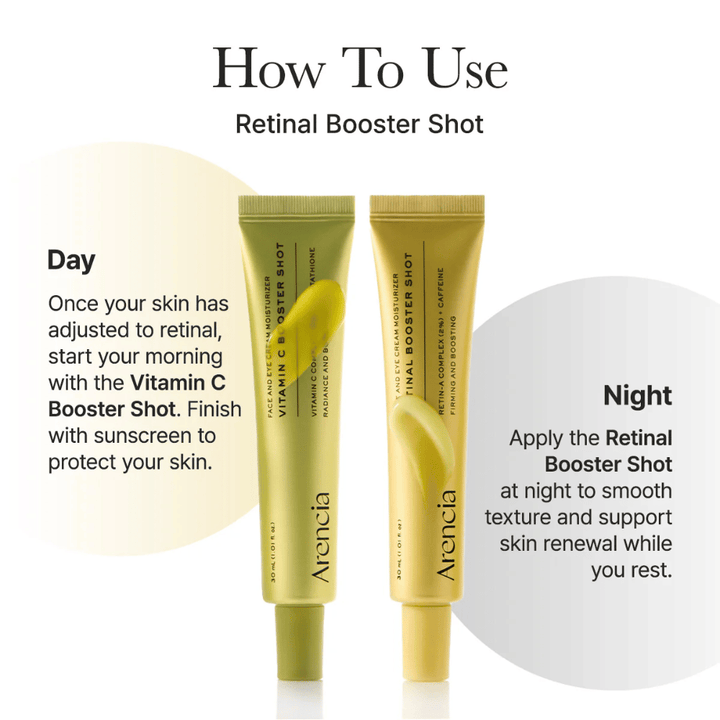 How to use Arencia Vitamin C Booster Shot – vitamin C serum in the morning routine and retinal booster in the evening for a more even skin tone and better radiance