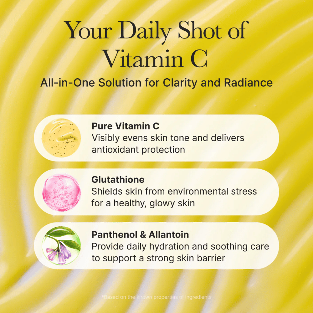 Arencia Vitamin C Booster Shot ingredient overview – vitamin C that evens out skin tone, glutathione with antioxidant effect, and panthenol and allantoin that moisturize and soothe the skin