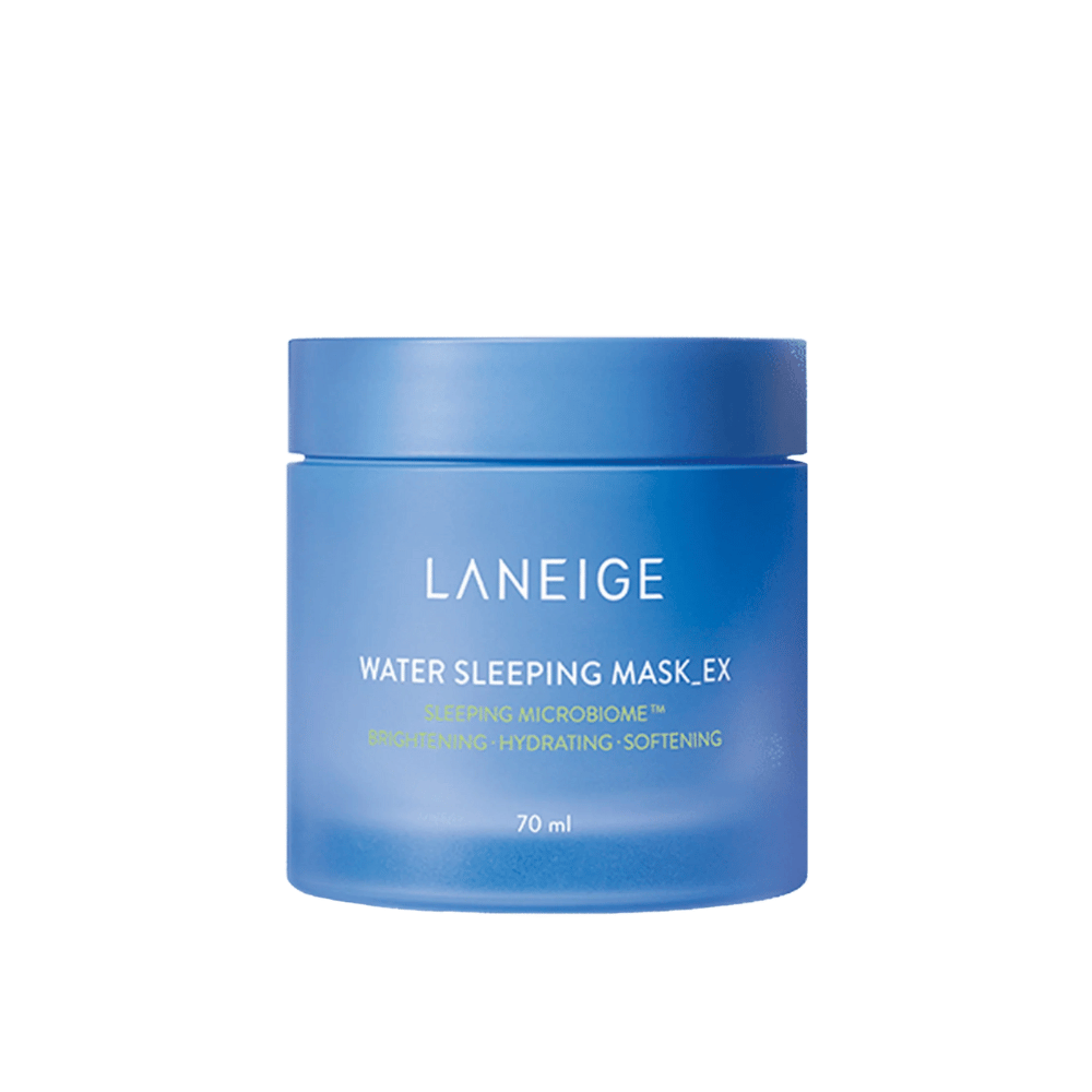 LANEIGE Water Sleeping Mask_EX in a blue jar with white and green text, isolated against a white background.