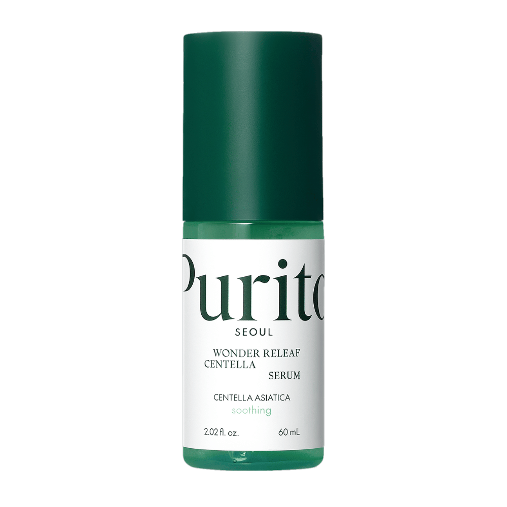 Purito Wonder Releaf Centella Serum in a green and white bottle with 60 ml content, centered against a white background.